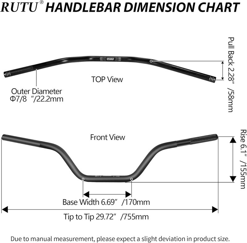 RUTU 7/8" Dirt bike Handlebars with Foam Pad - Motorcycle Handlebars Compatible with CRF YZF KXF, KLX, RMZ, DRZ Pit Dirt Bikes, ATVs, Quad - 6061-T6 Aluminum Handlebar with Heat Treatment HRC16 Black - Image 2